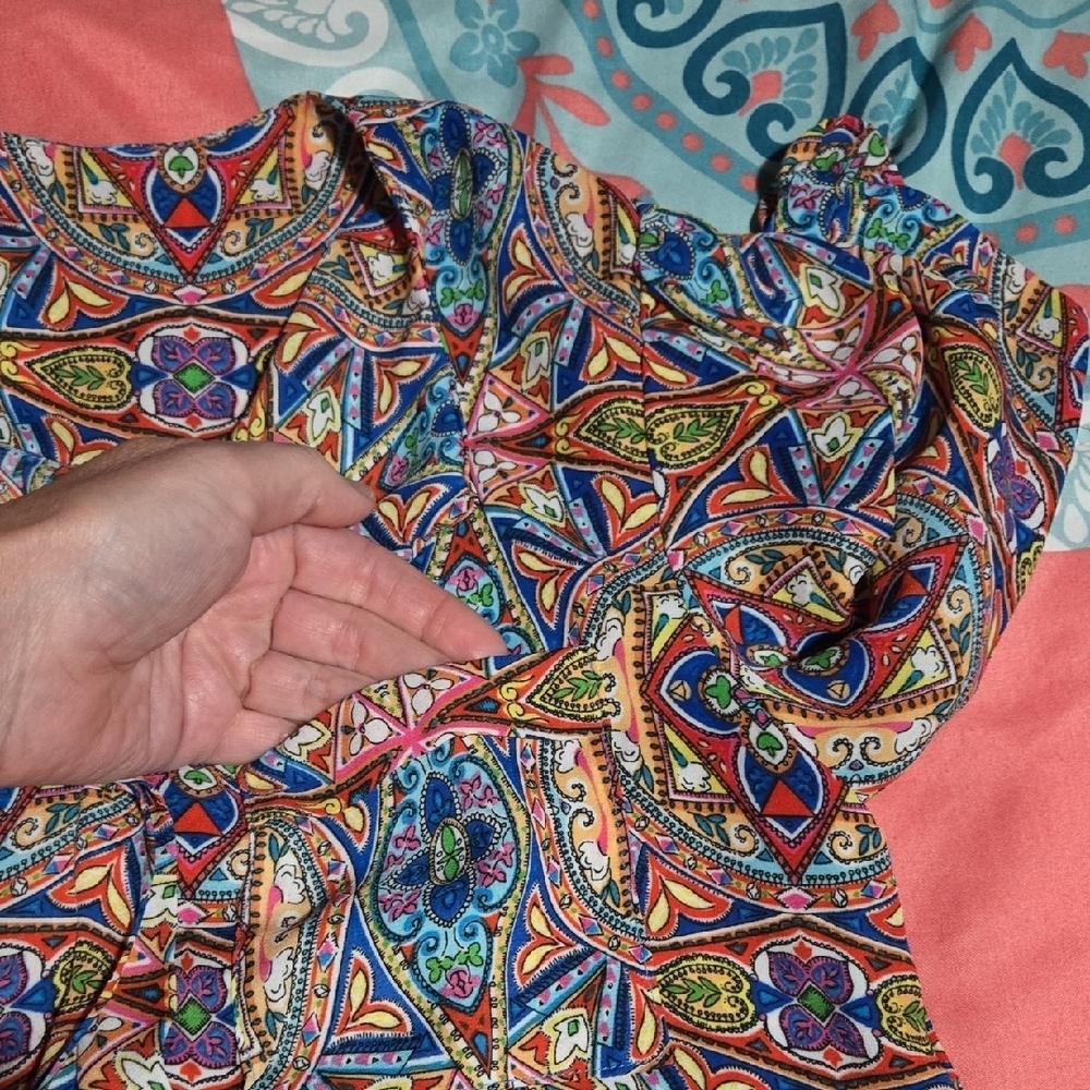 3/$10 Vibrant Blue and Orange Fitted Ruffled 3/4 Sleeve Blouse - Picture 2 of 6